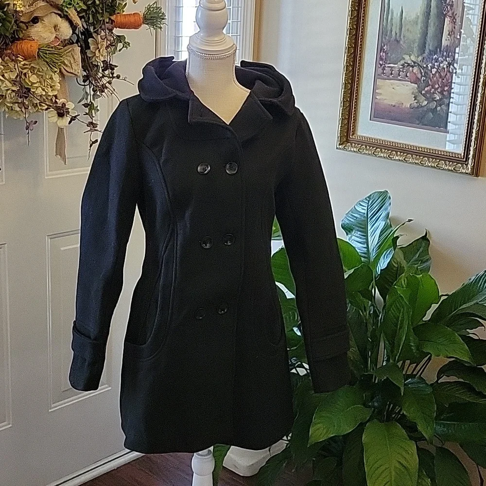 Tanming black double breasted wool pea coat trench coat jacket hood Small New …